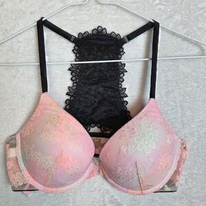 Victoria Secret PINK Racerback Push Up Bra 32C Black Floral Lace Pink/Purple
